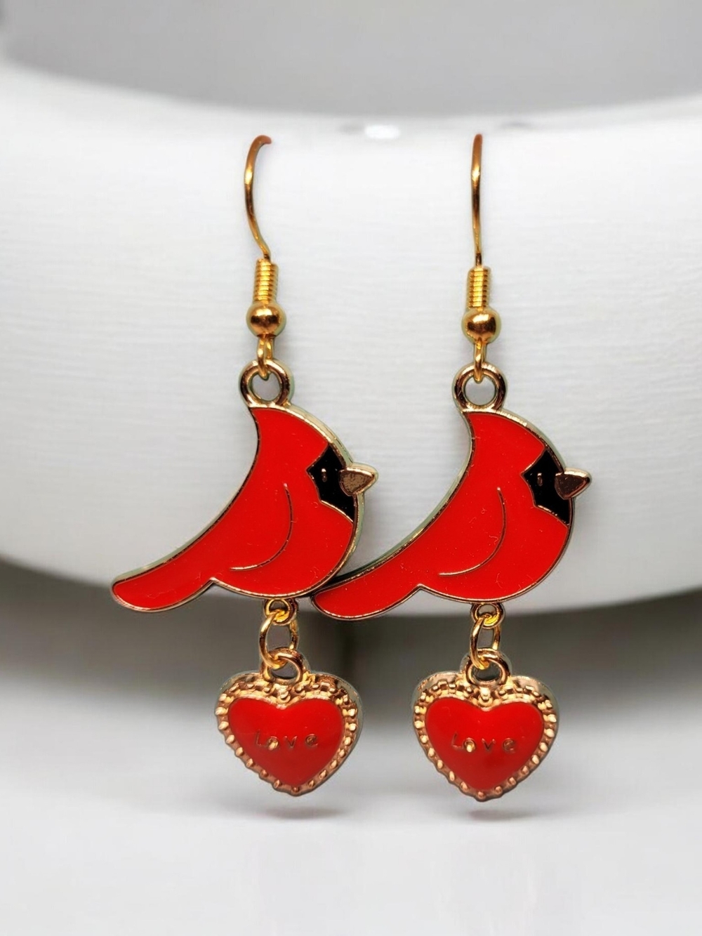 Gold-Tone Red Cardinal & Heart Dangle Earrings